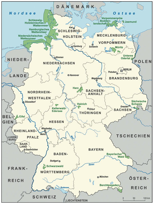 图1 德国国家公园分布图 (引自维基百科http://upload.wikimedia.org/wikipedia/commons/9/9d/Karte_Nationalparks_Deutschland_high.png)