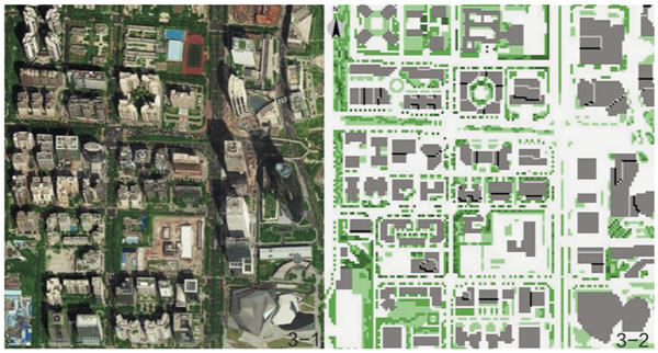 图3 珠江新城ENVI-met模拟区域(3-1)与建模示意图(3-2)